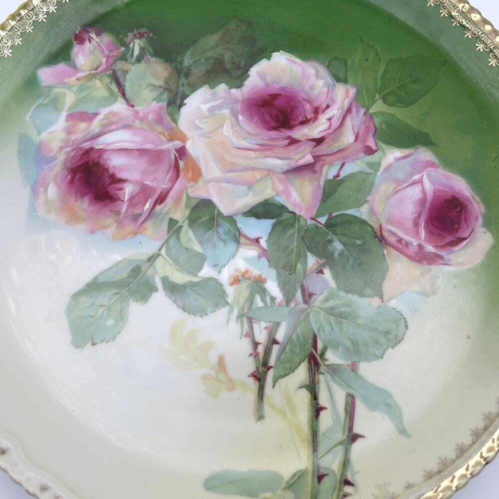 Porzellanfabrik Moschendorf Cabinet Plate 12" Charger Green Roses Antique - Picture 3 of 7